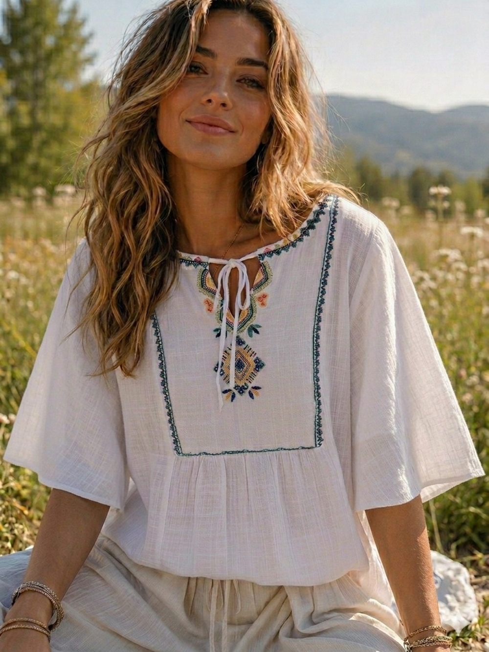 Zac & Rachel White Embroidered Boho Peasant Top Large